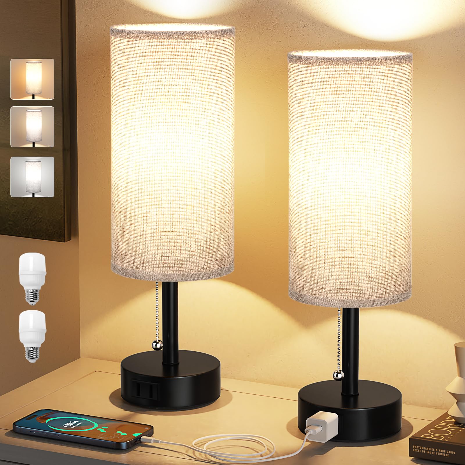 Bedside Table Lamps Set of 2-3 Color Temperatures Pull Chain Lamp with AC Outlet Charging Port, Small Round Night Stand Lamps for Bedroom Guest Room Office, Bed Side Light with E26 LED Bulbs