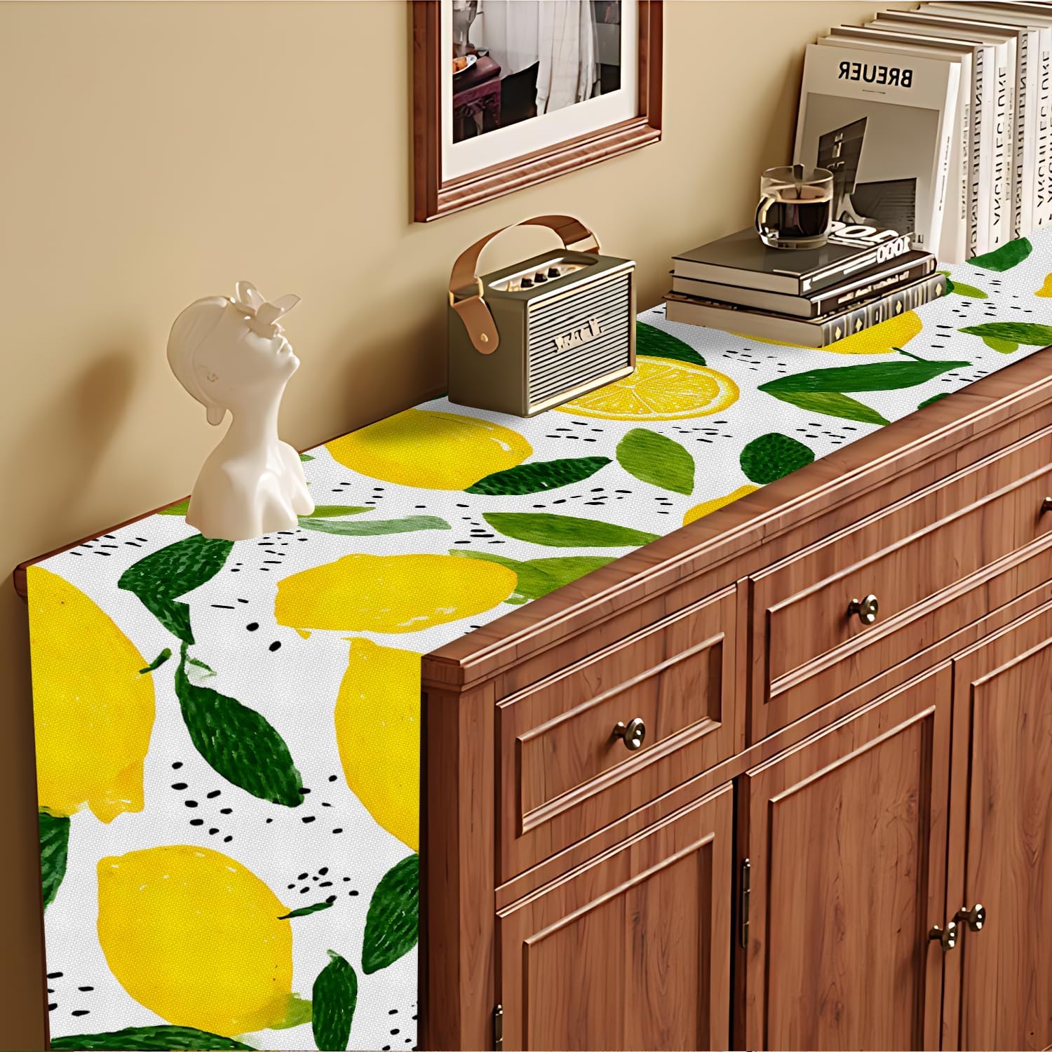 Marble Table Runner and Placemats Set of 6, Black & White Marble with Gold Vein Design, 1 Table Runner (72x13 in) + 6 Placemats (17.7x11.8 in), Elegant Dining Table Decor