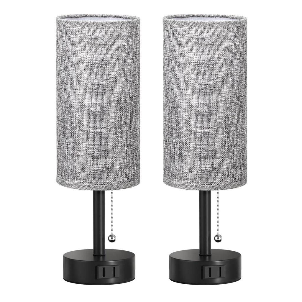 Bedside Table Lamps Set of 2-3 Color Temperatures Pull Chain Lamp with AC Outlet Charging Port, Small Round Night Stand Lamps for Bedroom Guest Room Office, Bed Side Light with E26 LED Bulbs