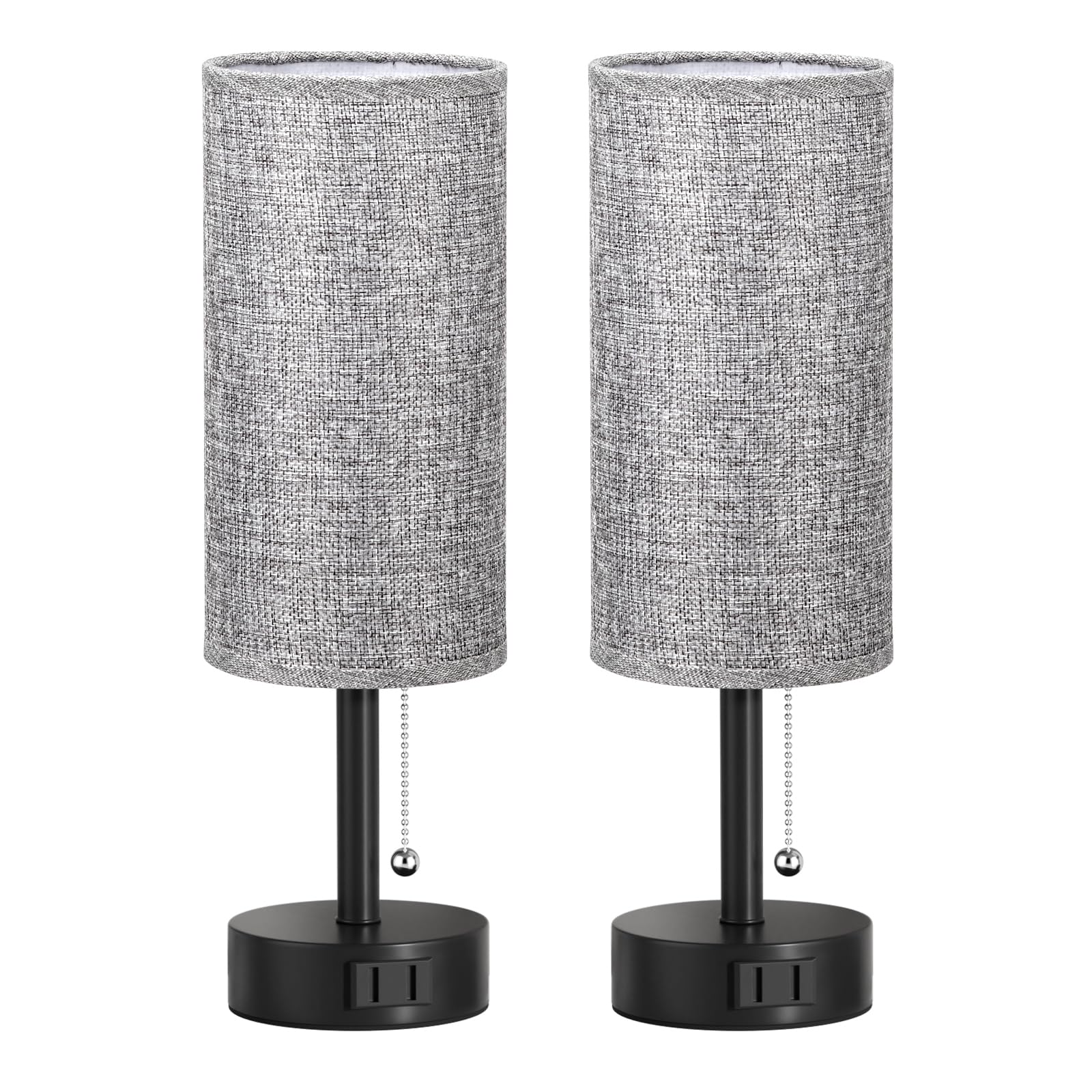 Bedside Table Lamps Set of 2-3 Color Temperatures Pull Chain Lamp with AC Outlet Charging Port, Small Round Night Stand Lamps for Bedroom Guest Room Office, Bed Side Light with E26 LED Bulbs