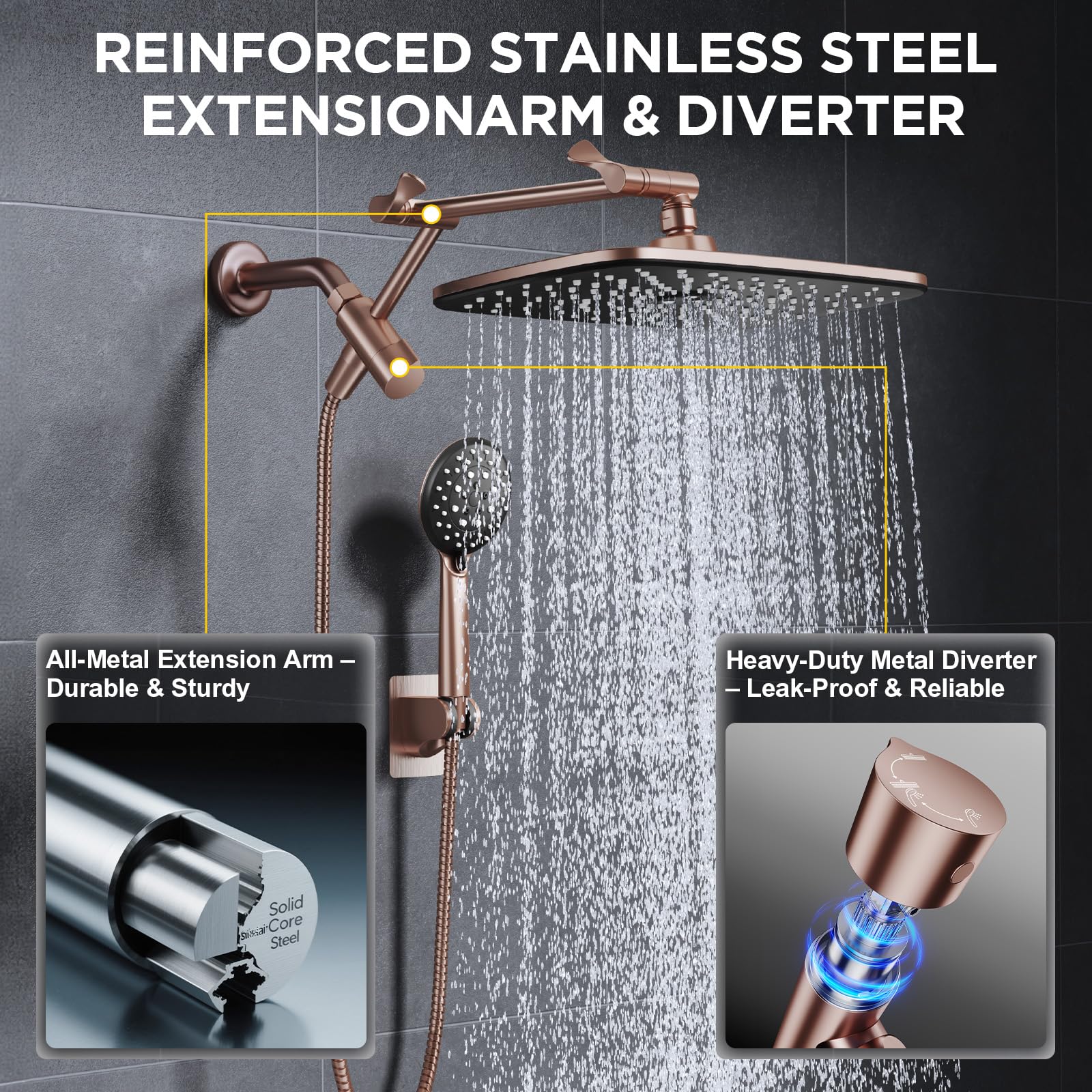 Veken Wide High Pressure Rain Shower Head with Handheld, Handheld Shower Heads with Multi Spray Modes, Rainfall Combo with 15" Metal Extension Arm,Detachable Dual Shower, Bathroom Decor,Chrome Silver
