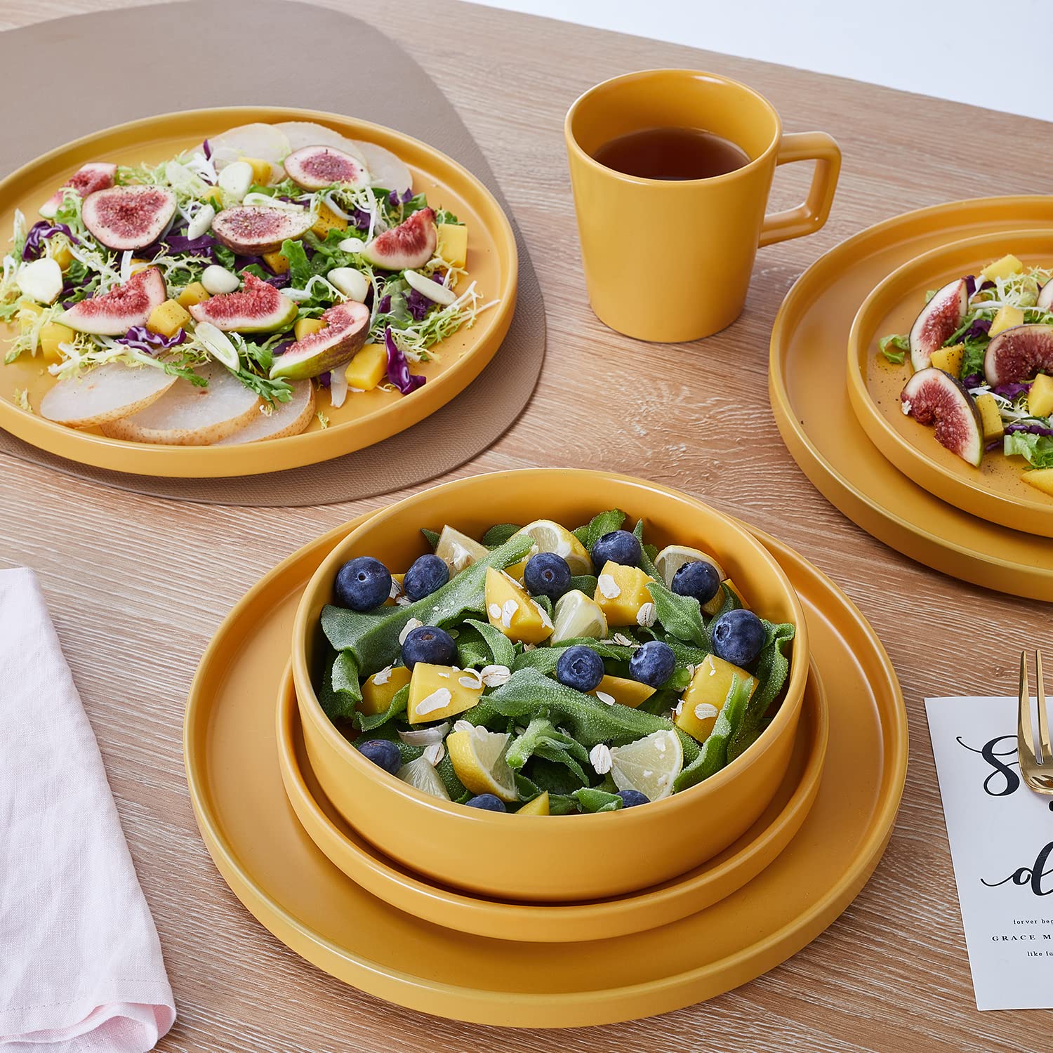 Stone Lain Celina Stoneware 16 Piece Dinnerware Set, Plates and Bowls, Black Matte Dish, Service for 4 – Minimalist Round Style, Microwave & Dishwasher Safe