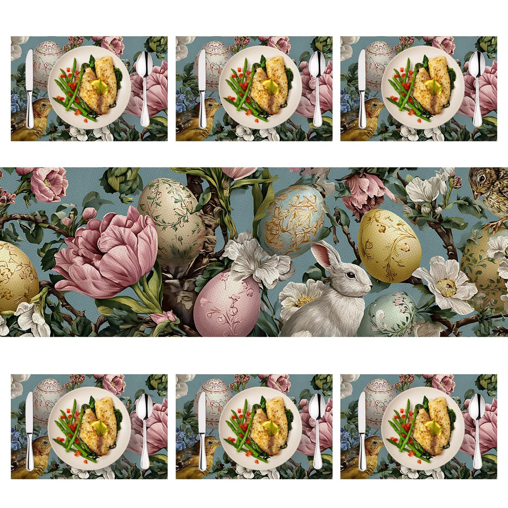 Marble Table Runner and Placemats Set of 6, Black & White Marble with Gold Vein Design, 1 Table Runner (72x13 in) + 6 Placemats (17.7x11.8 in), Elegant Dining Table Decor
