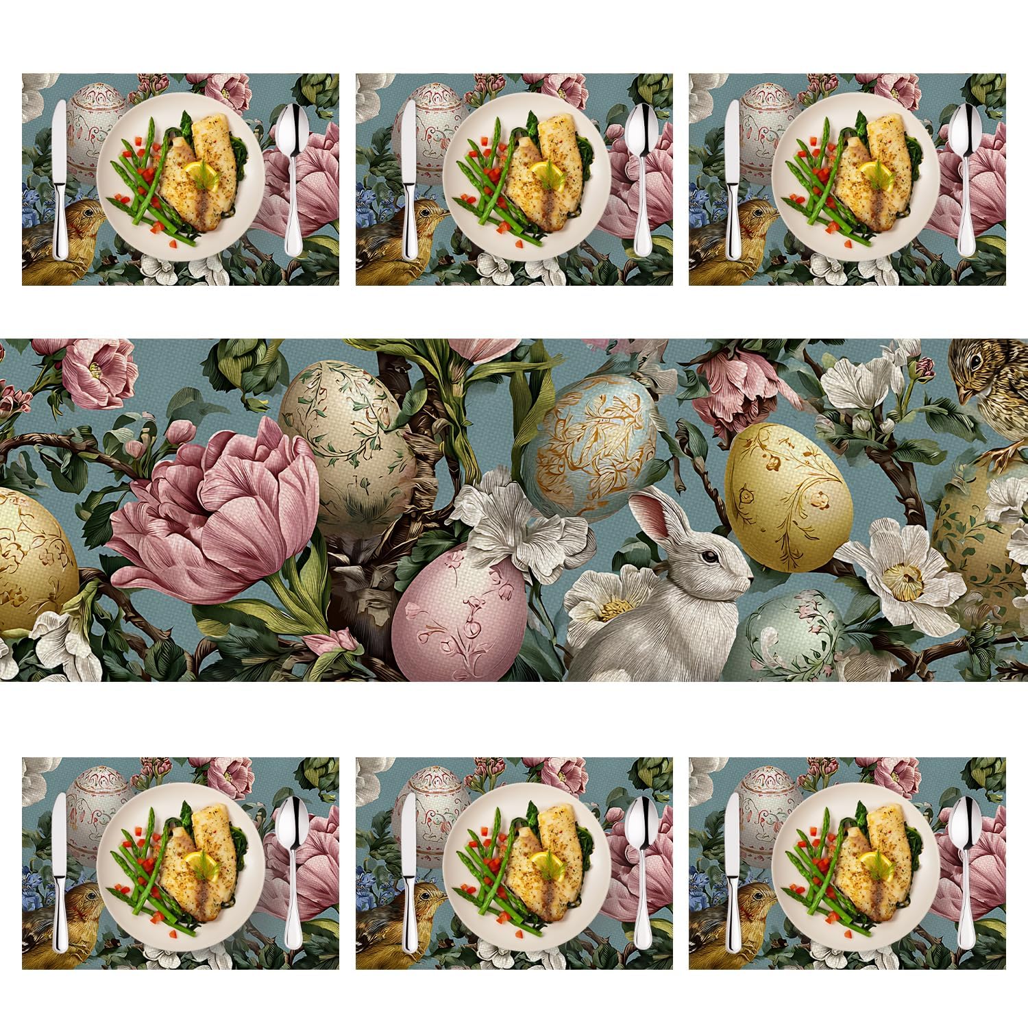Marble Table Runner and Placemats Set of 6, Black & White Marble with Gold Vein Design, 1 Table Runner (72x13 in) + 6 Placemats (17.7x11.8 in), Elegant Dining Table Decor