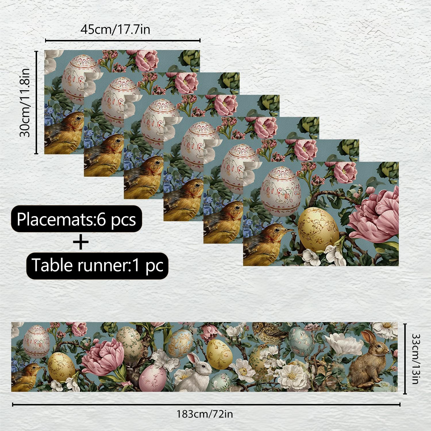Marble Table Runner and Placemats Set of 6, Black & White Marble with Gold Vein Design, 1 Table Runner (72x13 in) + 6 Placemats (17.7x11.8 in), Elegant Dining Table Decor