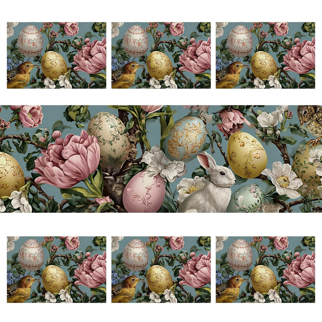 Marble Table Runner and Placemats Set of 6, Black & White Marble with Gold Vein Design, 1 Table Runner (72x13 in) + 6 Placemats (17.7x11.8 in), Elegant Dining Table Decor