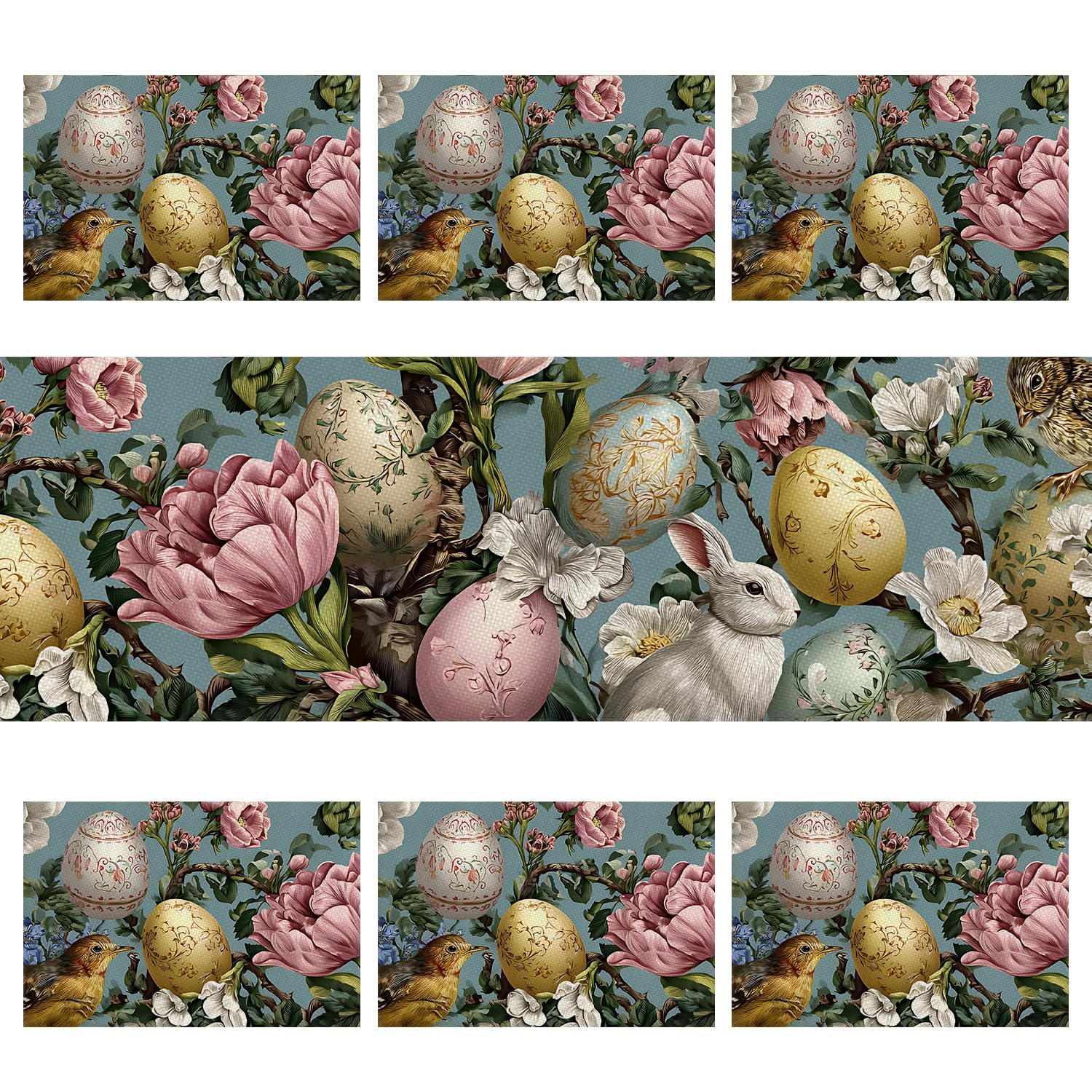 Marble Table Runner and Placemats Set of 6, Black & White Marble with Gold Vein Design, 1 Table Runner (72x13 in) + 6 Placemats (17.7x11.8 in), Elegant Dining Table Decor