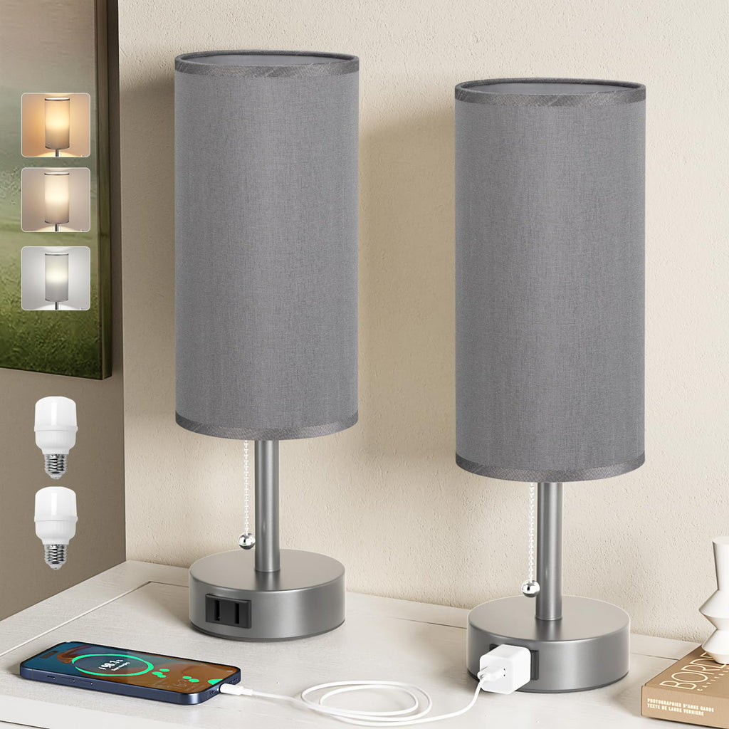 Bedside Table Lamps Set of 2-3 Color Temperatures Pull Chain Lamp with AC Outlet Charging Port, Small Round Night Stand Lamps for Bedroom Guest Room Office, Bed Side Light with E26 LED Bulbs