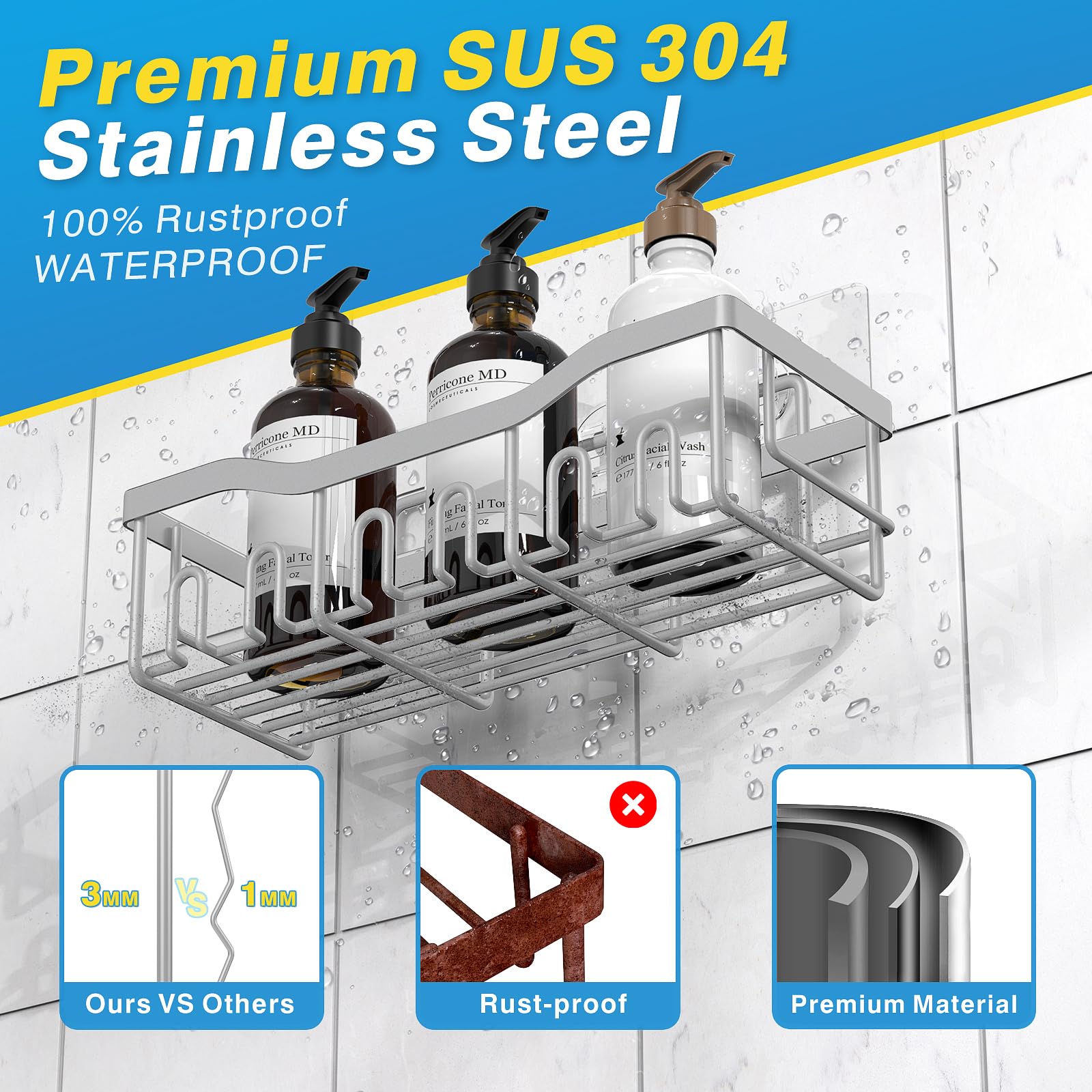 EUDELE Adhesive Shower Caddy, 5 Pack Rustproof Stainless Steel Bath Organizers With Large Capacity, No Drilling Shelves for Bathroom Storage & Home Decor