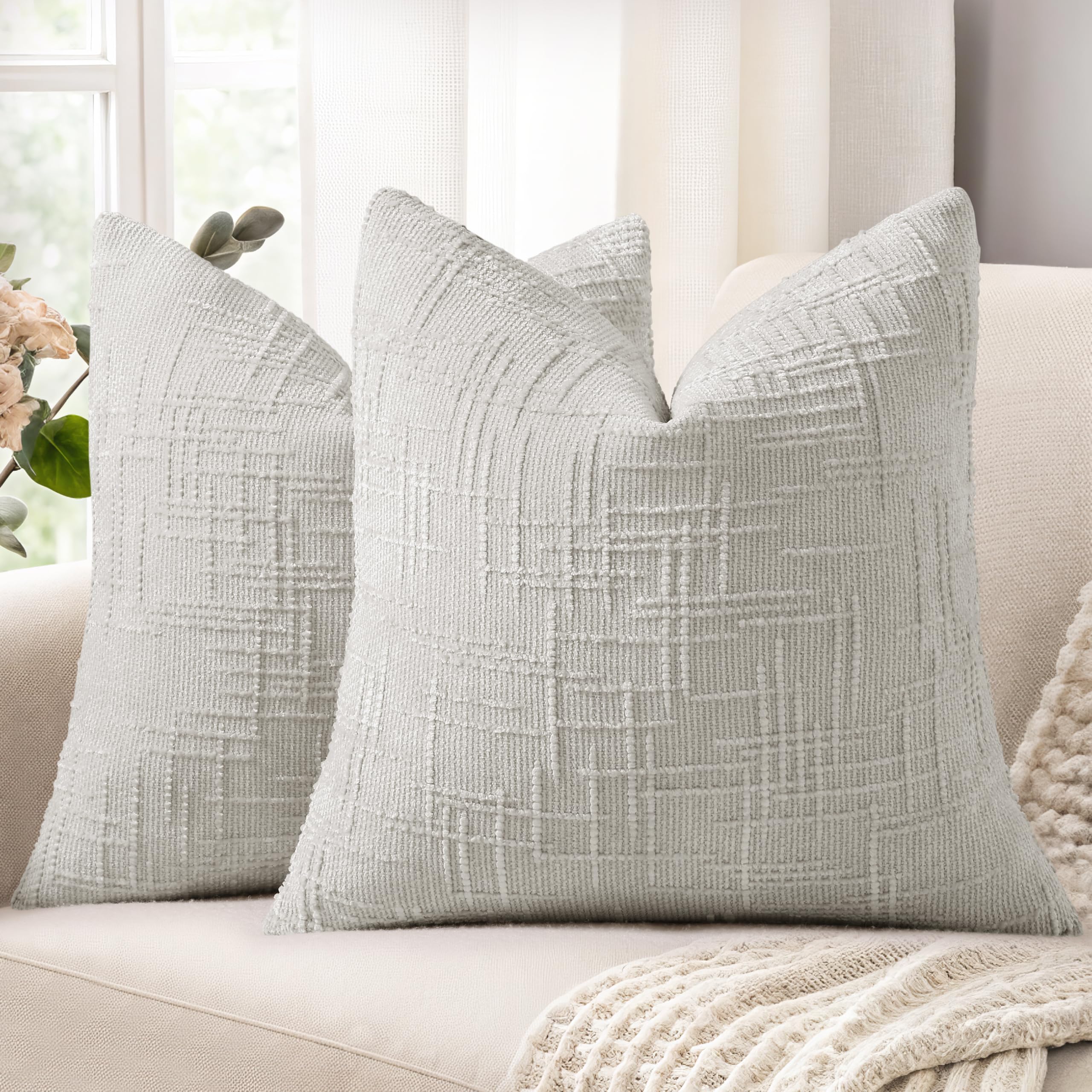 decorUhome Summer Cream White Chenille Throw Pillow Covers 18x18 Set of 2 Textured Cozy Slubby Couch Pillow Covers Modern Farmhouse Boho Decorative Pillow Cases for Bed Sofa Living Room