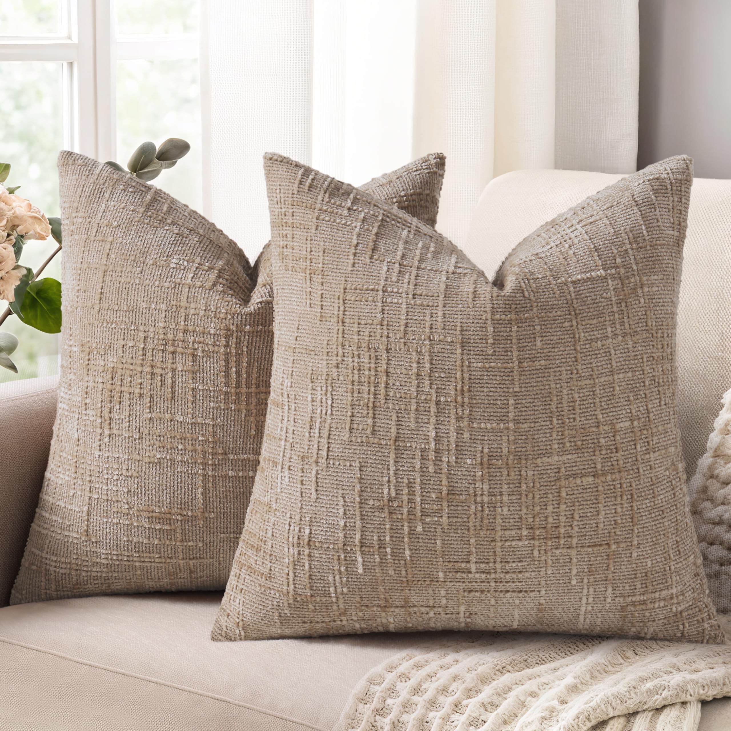 decorUhome Summer Cream White Chenille Throw Pillow Covers 18x18 Set of 2 Textured Cozy Slubby Couch Pillow Covers Modern Farmhouse Boho Decorative Pillow Cases for Bed Sofa Living Room