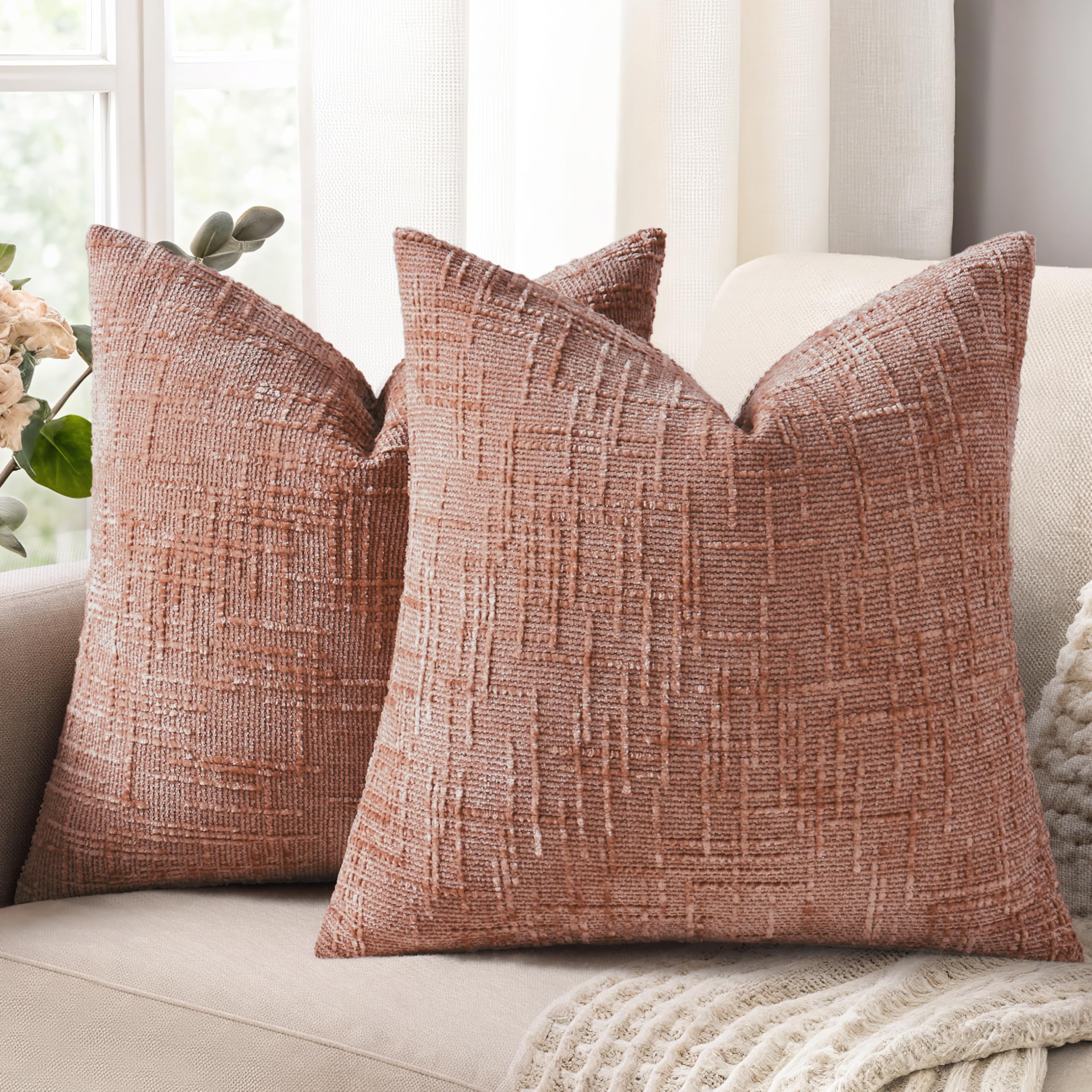 decorUhome Summer Cream White Chenille Throw Pillow Covers 18x18 Set of 2 Textured Cozy Slubby Couch Pillow Covers Modern Farmhouse Boho Decorative Pillow Cases for Bed Sofa Living Room